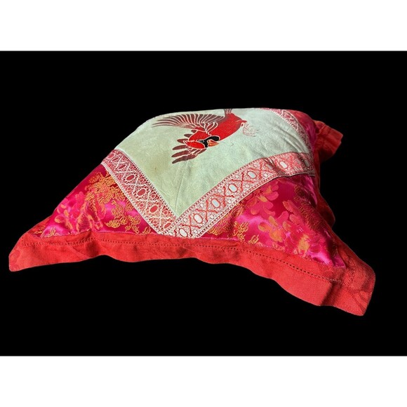 Vtg Hand Painted Cardinal Bird Square Pillow 15”x15”  tan red Leather/Satin - Picture 6 of 10